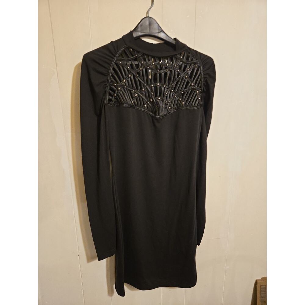 Ibby Libby Black Long Sleeve Slinky Dress Features Faux Leather Cut Out Neck...